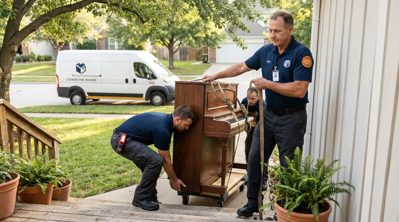 Licensed piano movers securing grand piano in Grinnell, IA