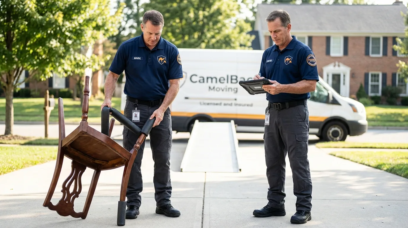 Movers inspecting furniture for damage prevention before loading in Grinnell, IA