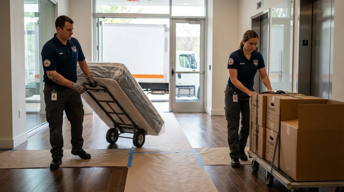 Professional apartment movers loading elevator in Grinnell, IA